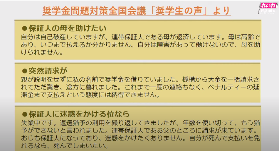 奨学金問題全国対策会議に寄せられた学卒者の嘆き