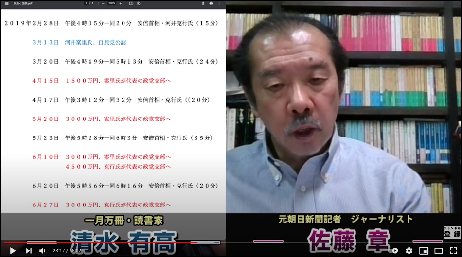 安倍晋三首相と河井克行氏の首相官邸での面談の履歴